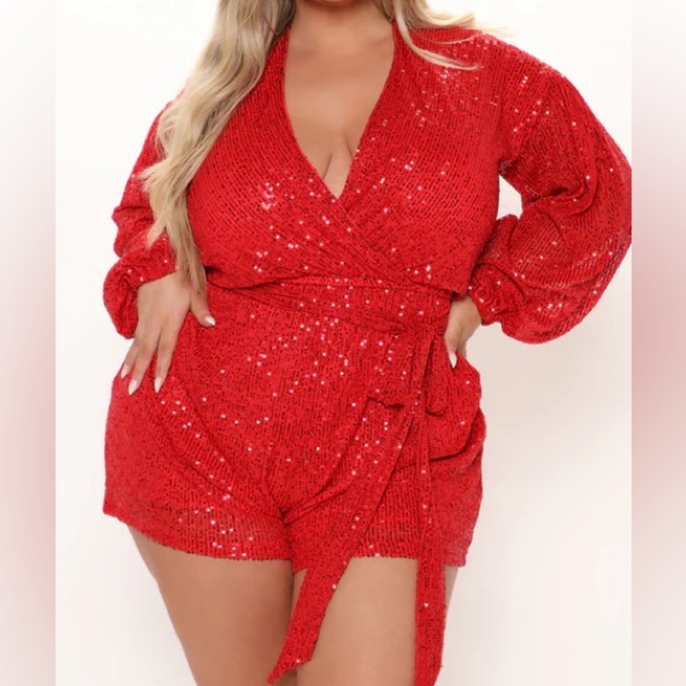 Fashion Nova Long Sleeve Sequin Romper - Red